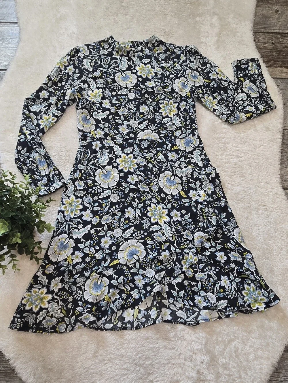 LOFT Petites Green Floral Mock Neck Ruffle Long Sleeve Dark Cottagecore Dress 2P